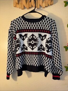 EUC VINTAGE Apres Sport Black White & Red Sweater. geometric pattern squares w